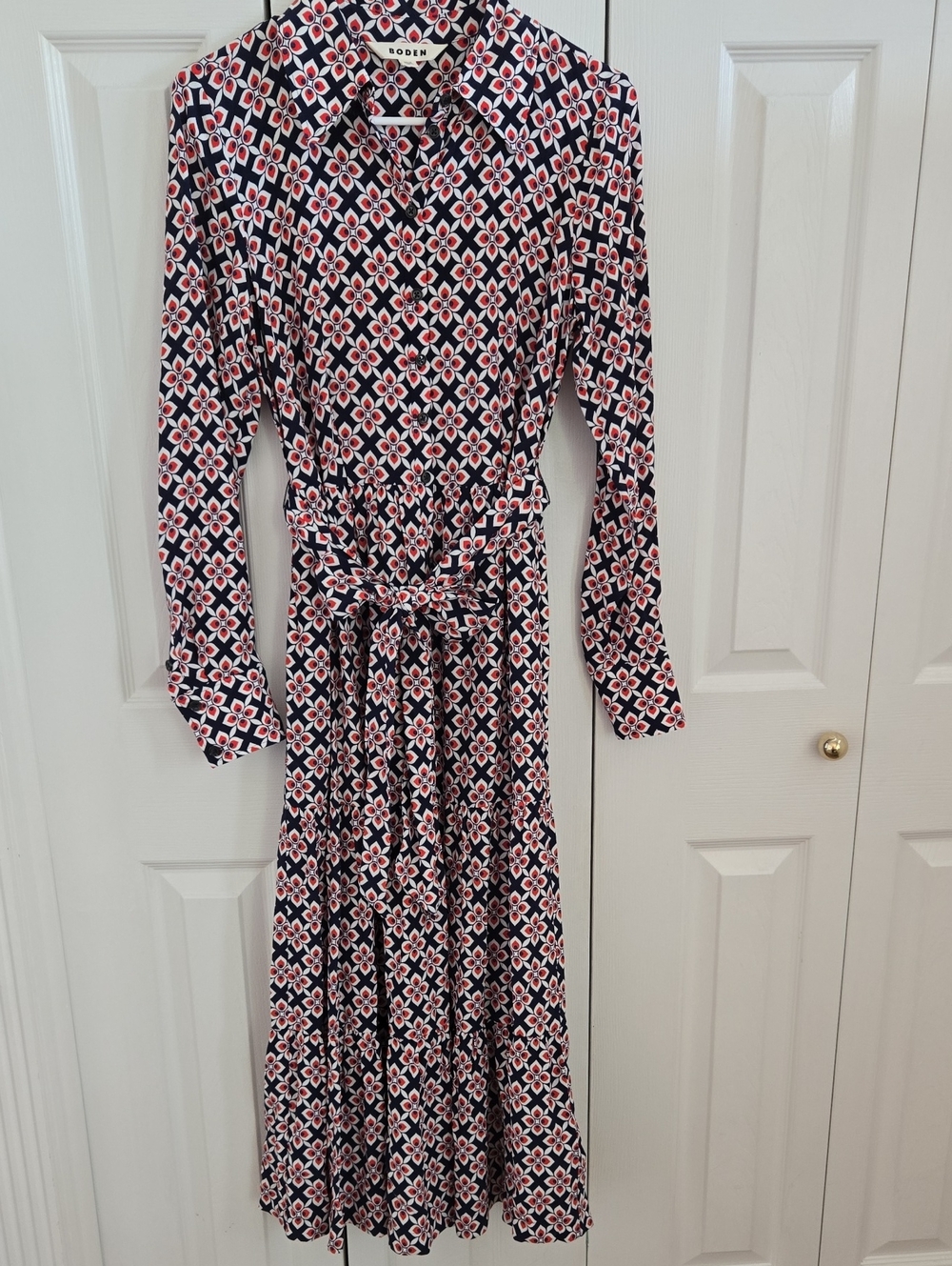 Boden Navy Geometric Long-Sleeve Shirt Dress with Red and White Print